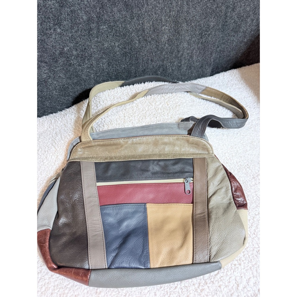 Vintage Leather Patchwork Shoulder Bag Multi Color Multi Pocket Boho Purse